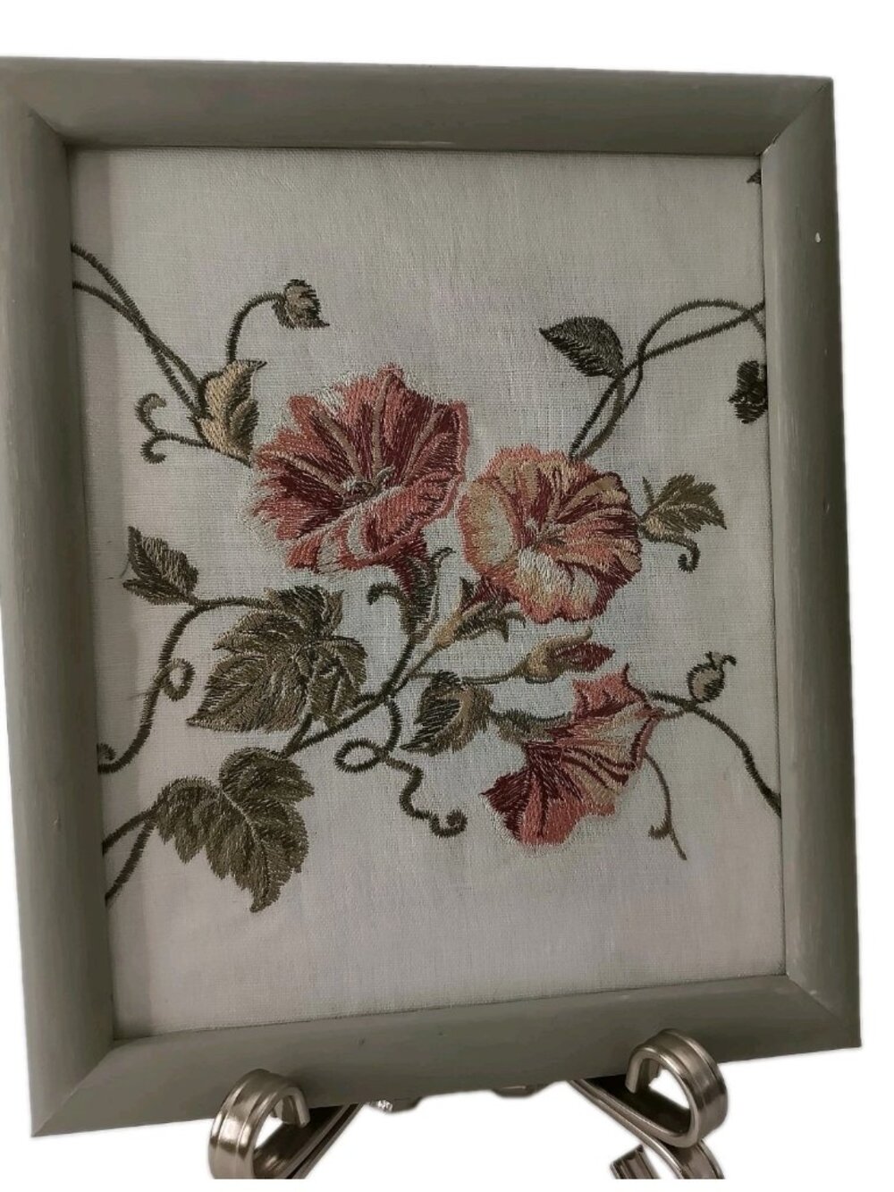 Vintage Embroidered Floral Fabric Art 1980s Curtain Sample Framed Botanical